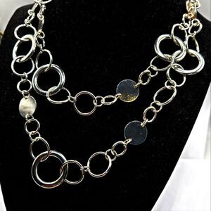 "5/$25" NY Long Silver Tone Circle Link Disc Necklace